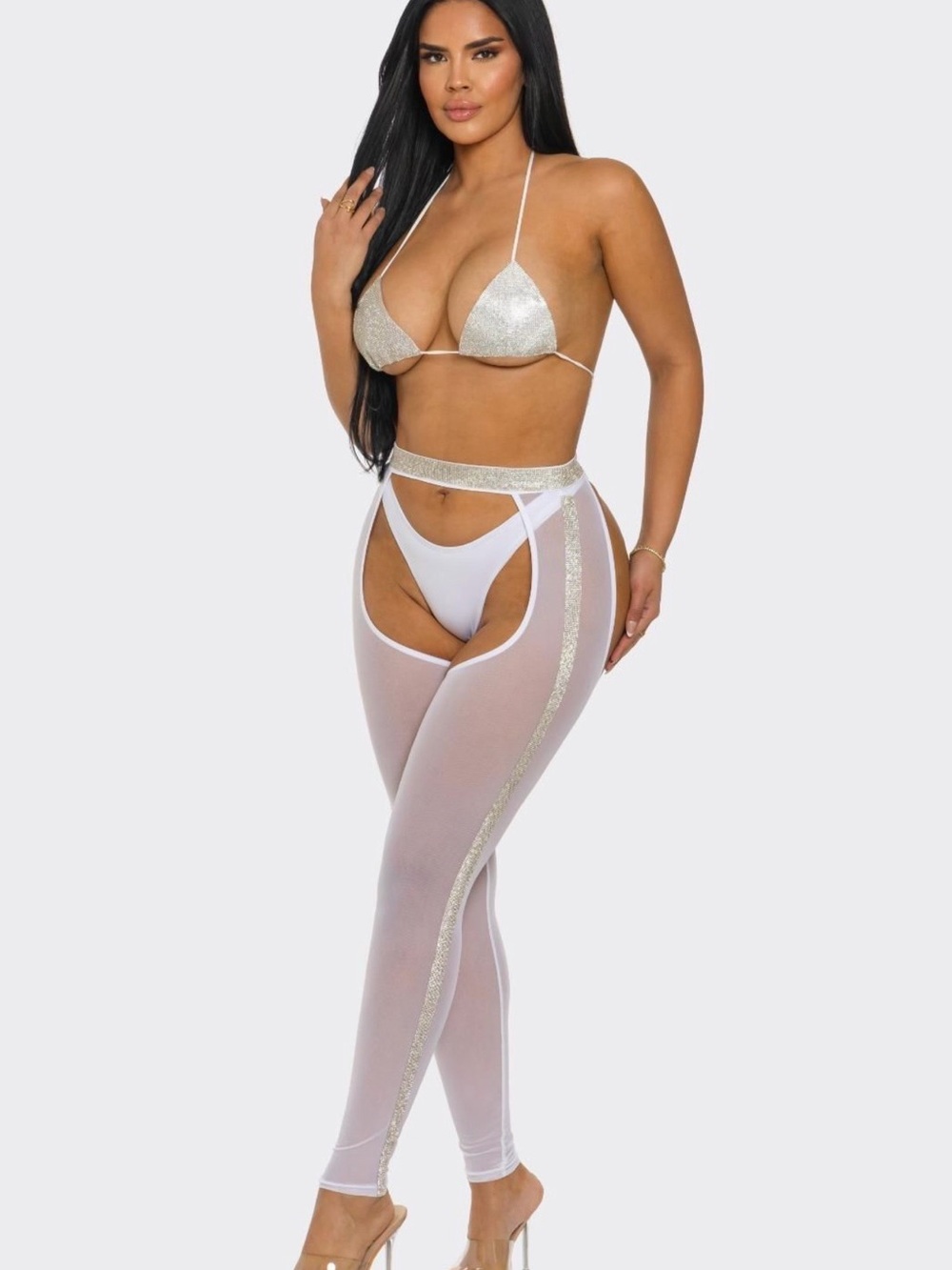 White Sheer Cutout Leggings & Glitter Triangle Bikini Set